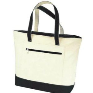 White and Black Canvas Zippered Shopping Tote Bag